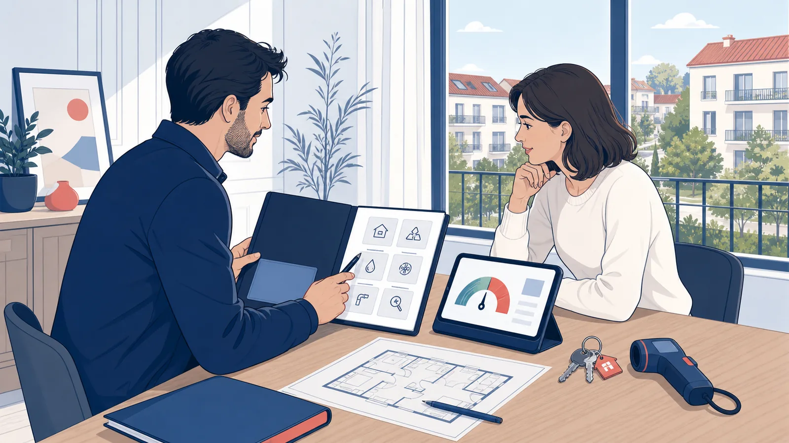 Diagnostiqueur présentant le dossier de diagnostics immobiliers à une propriétaire à Chelles 77500