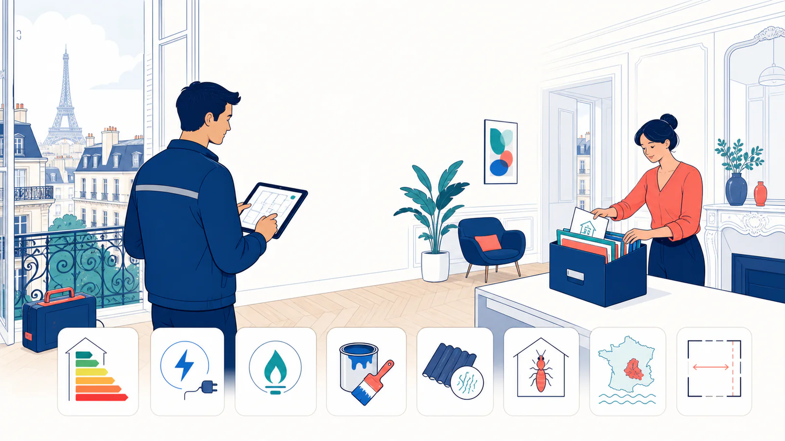 Diagnostiqueur préparant les diagnostics obligatoires pour vendre un appartement à Paris en 2026