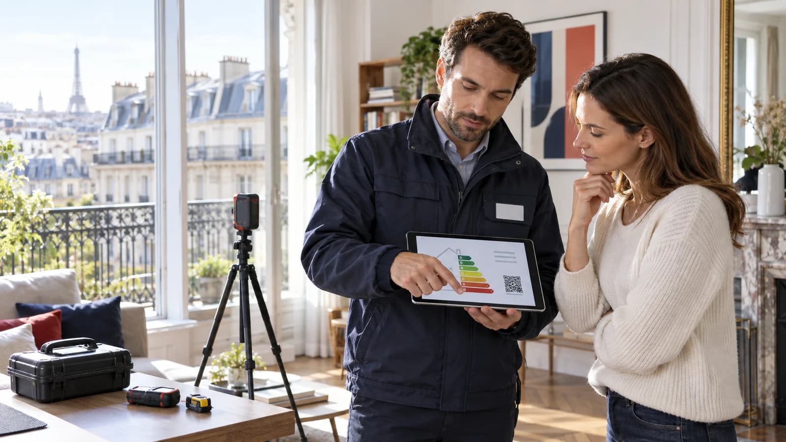 Diagnostiqueur DPE certifié présentant un rapport énergétique et son QR code à une propriétaire dans un appartement parisien