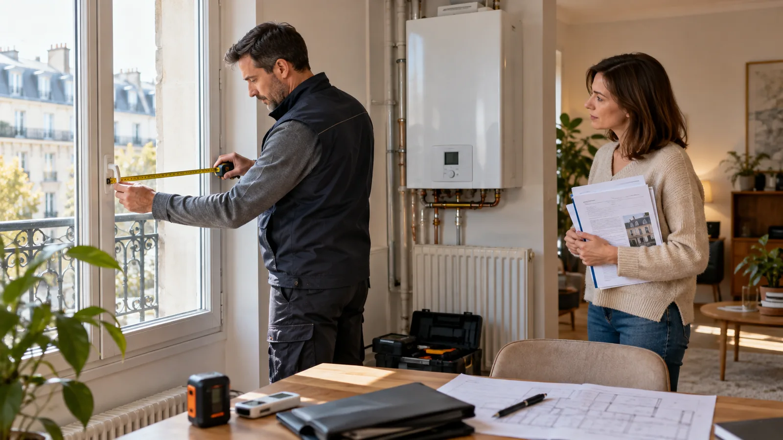 Diagnostiqueur réalisant sur place les mesures des fenêtres et du chauffage nécessaires au DPE