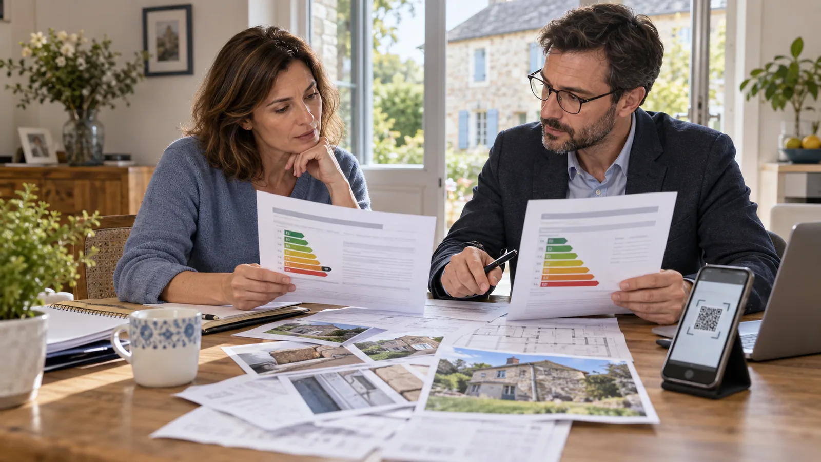 Propriétaire comparant deux rapports DPE et leurs justificatifs avec un professionnel du logement