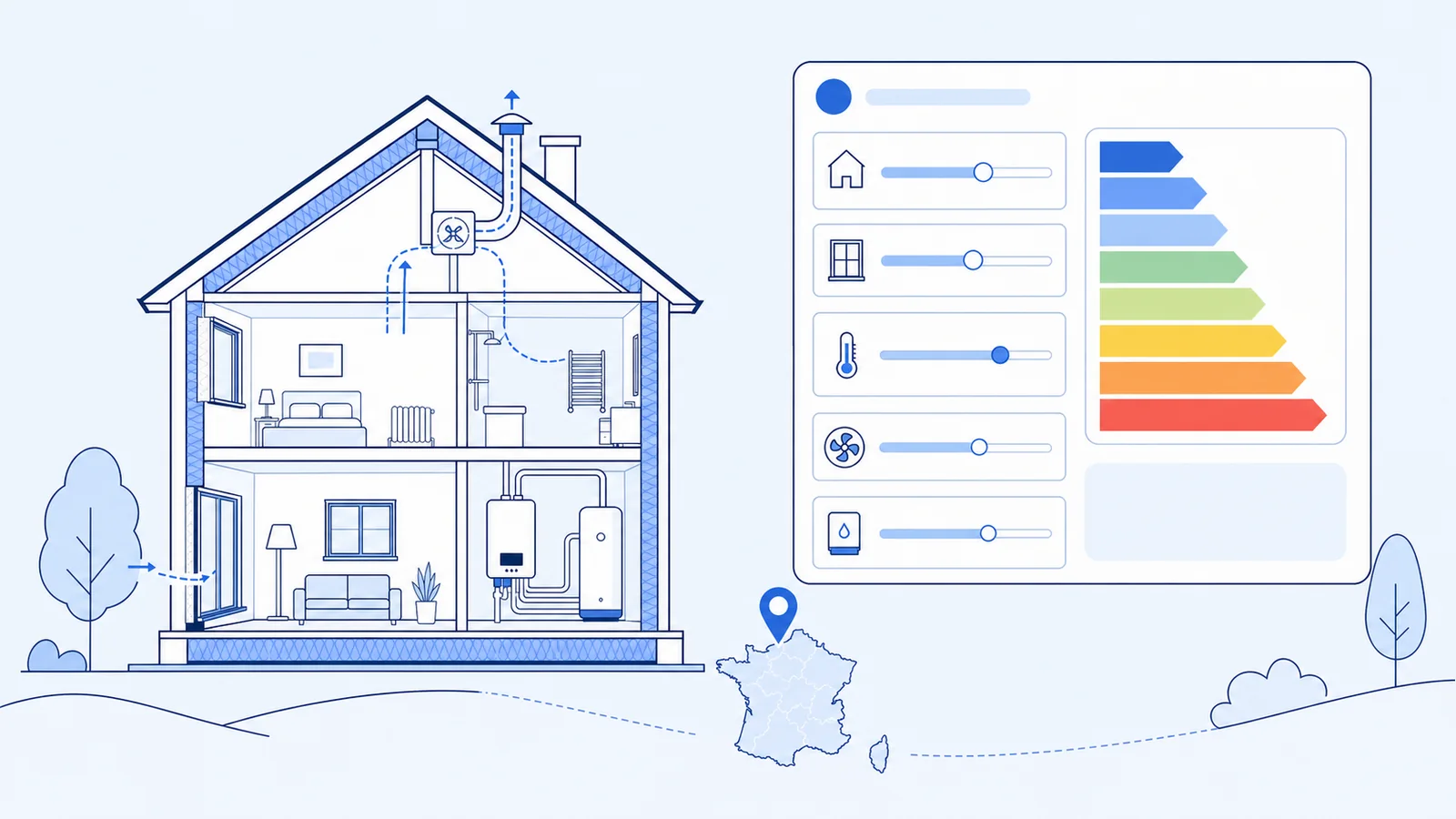 Illustration d’un simulateur DPE en ligne estimant la classe énergétique d’un logement en France