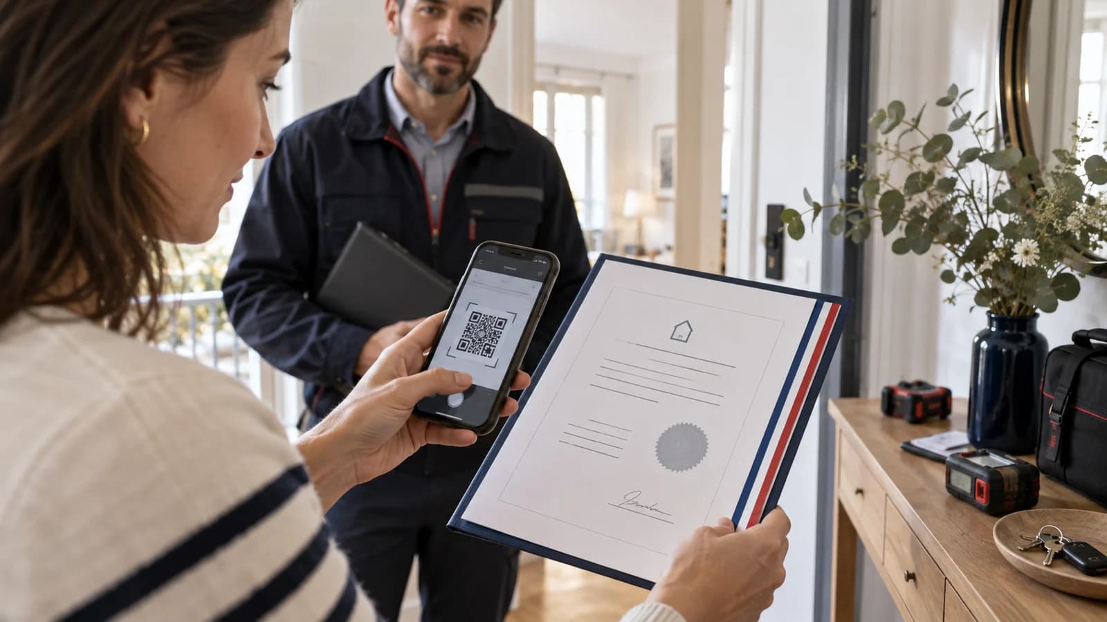 Propriétaire vérifiant la certification et le QR code d’un diagnostiqueur DPE avant la visite du logement