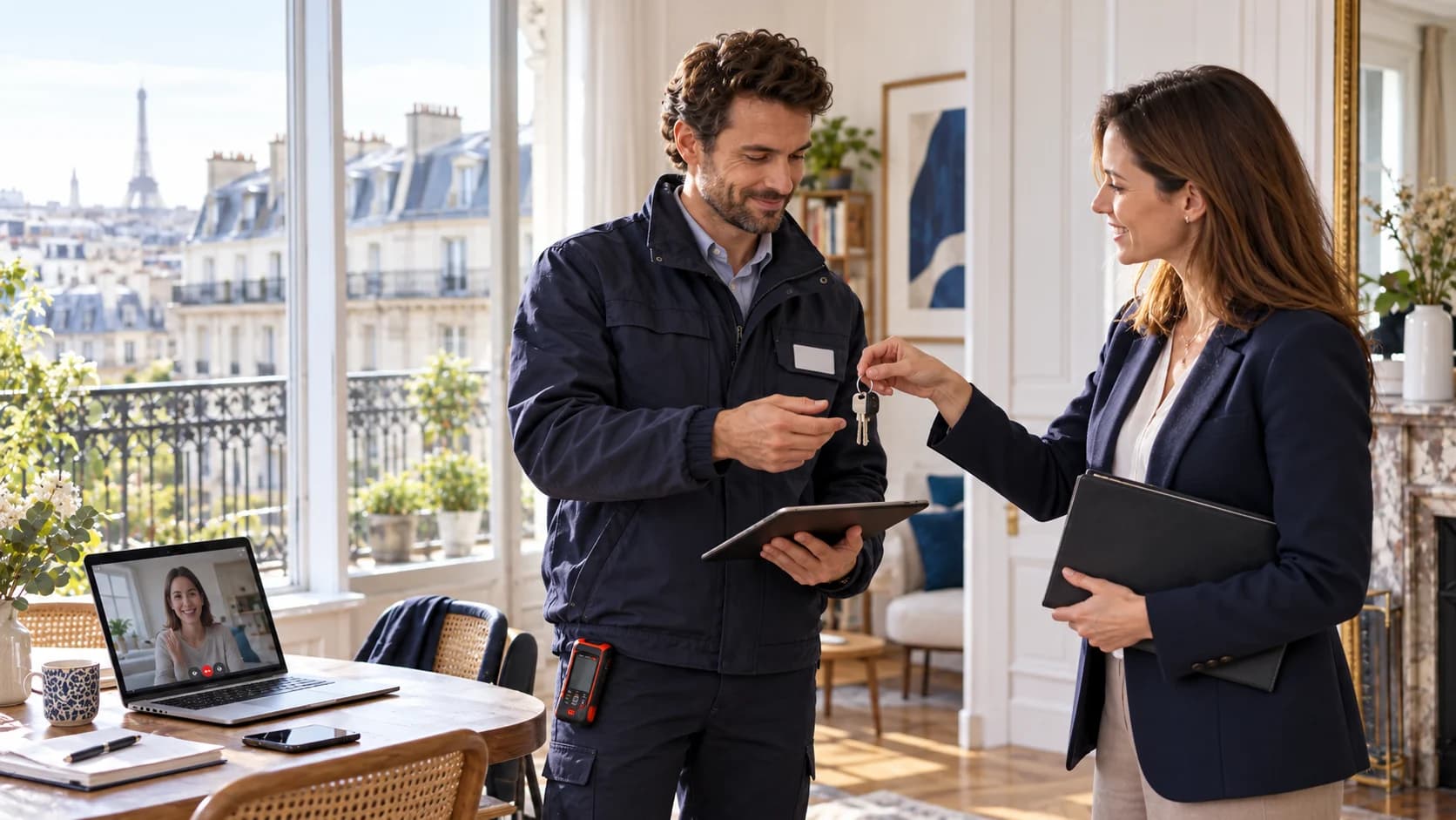 Illustration d’un diagnostiqueur recevant les clés d’un appartement auprès d’une agence, avec le propriétaire en appel vidéo à distance