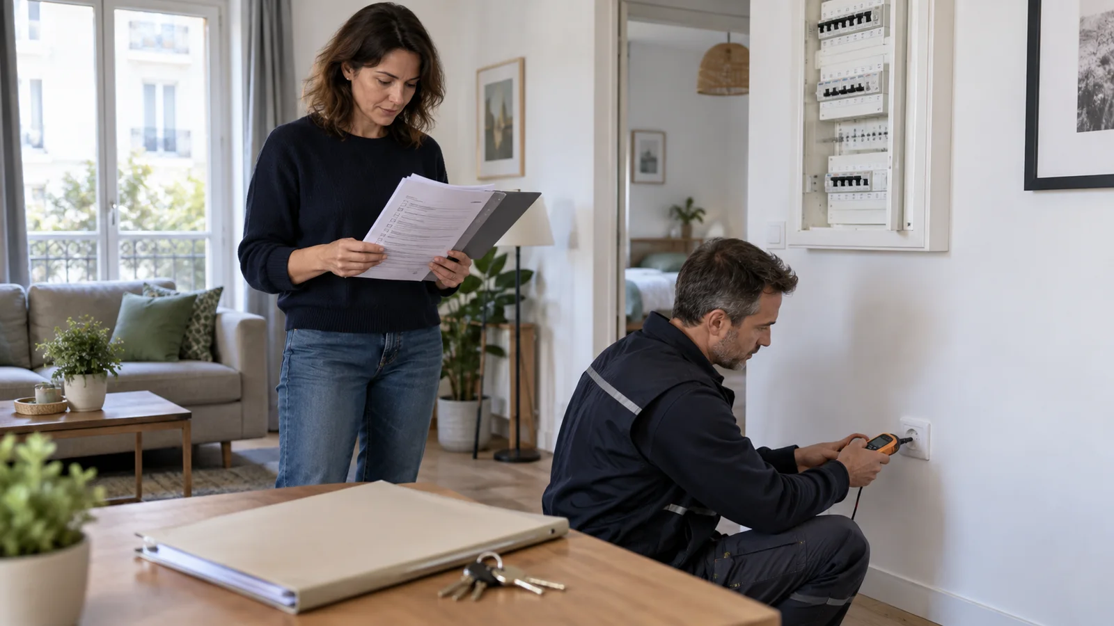 Bailleur suivant la checklist du diagnostic électrique pendant le contrôle des prises du logement