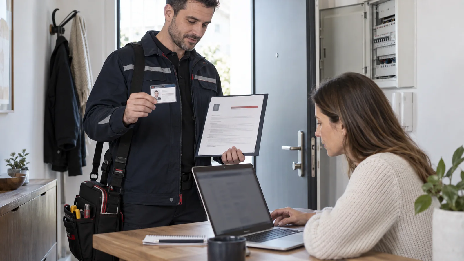 Propriétaire vérifiant la certification et l’assurance du diagnostiqueur électricité avant la visite