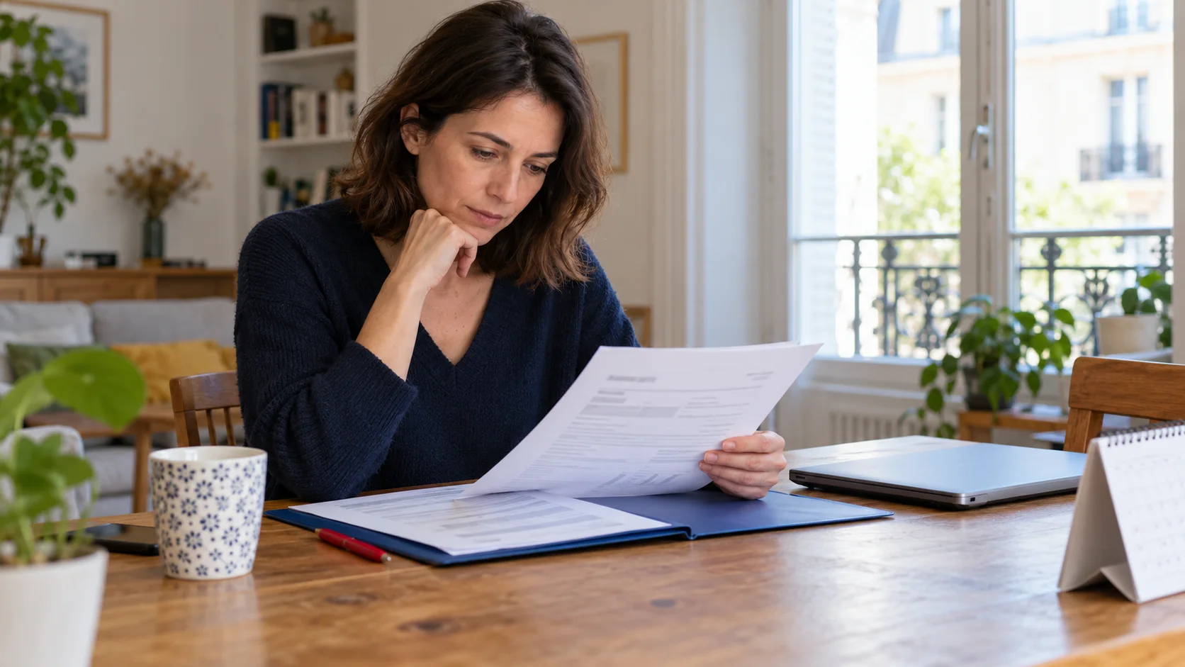 Illustration ImageGen d’un propriétaire relisant un rapport énergétique avec un calendrier et un dossier