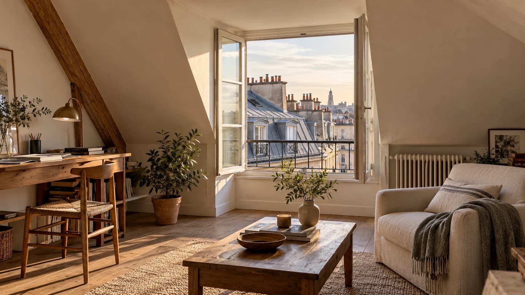 Illustration d’un appartement au dernier étage sous les toits de Paris