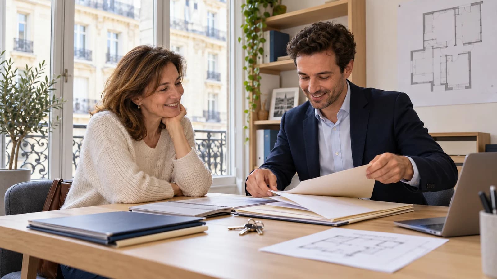 Illustration d’un agent immobilier préparant les pièces d’une prise de mandat