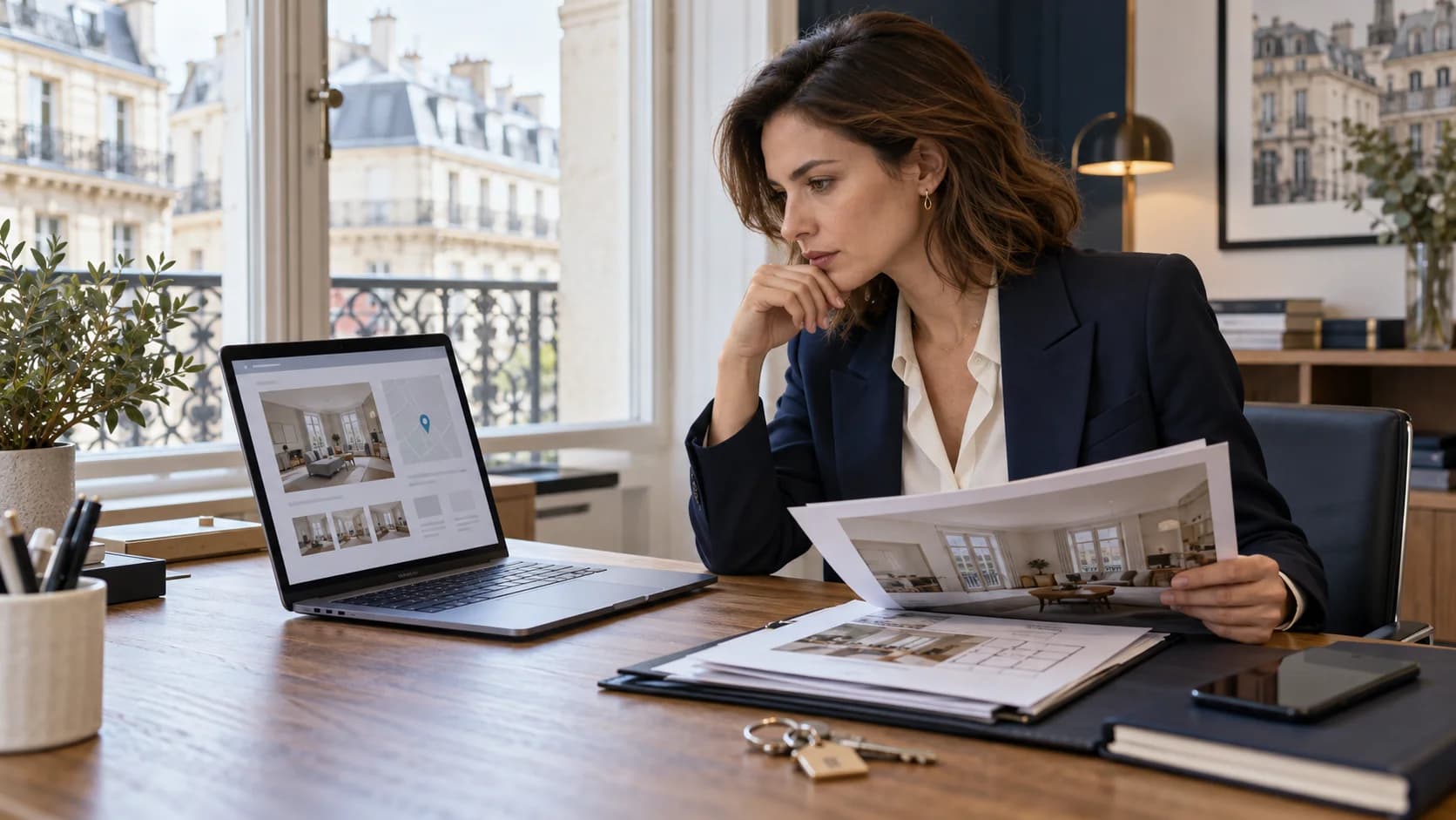 Illustration d’une agente immobilière vérifiant les informations d’une annonce