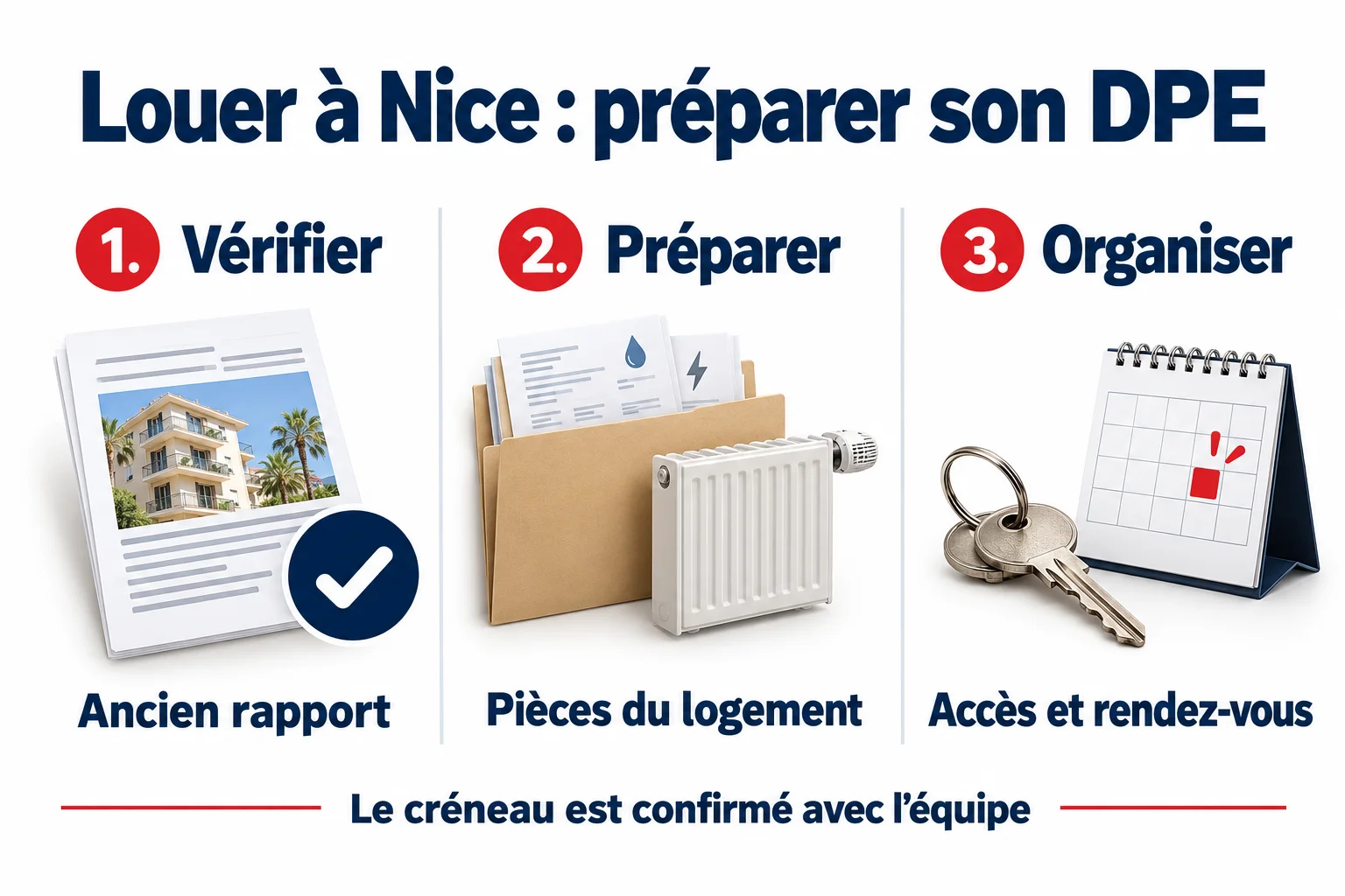 Préparer le DPE d’une location à Nice : vérifier l’ancien rapport, préparer les pièces du logement, organiser l’accès et le rendez-vous confirmé par l’équipe.