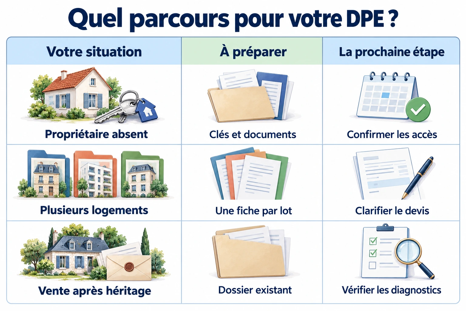 Tableau des démarches DPE : propriétaire absent, clés et accès ; plusieurs logements, fiche par lot et devis ; vente après héritage, dossier existant et diagnostics à vérifier.