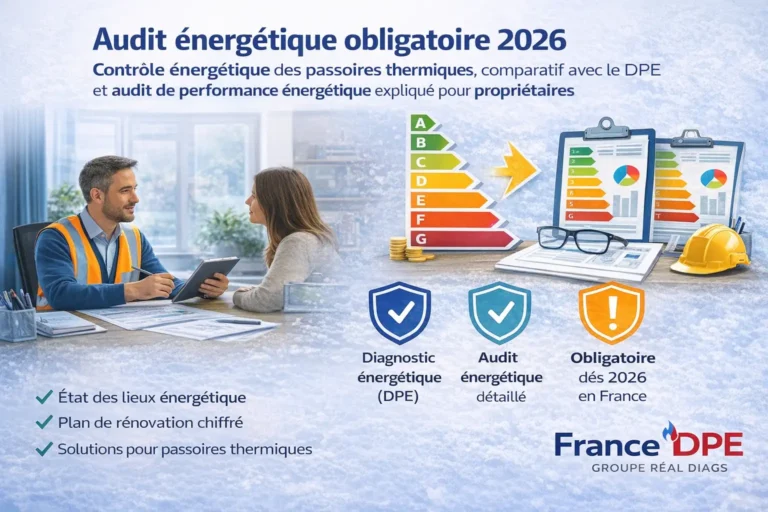 Audit énergétique obligatoire 2026 en France comparé au DPE avec diagnostic immobilier, performance énergétique logement et rénovation énergétique