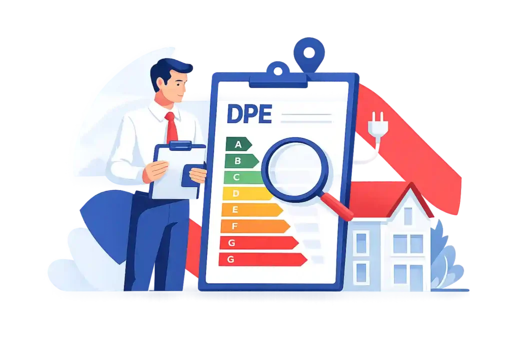 Illustration d’un diagnostic de performance énergétique (DPE) avec un expert analysant un bien immobilier en France