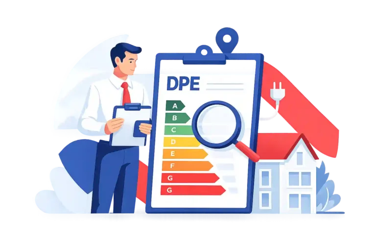 Illustration d’un diagnostic de performance énergétique (DPE) avec un expert analysant un bien immobilier en France