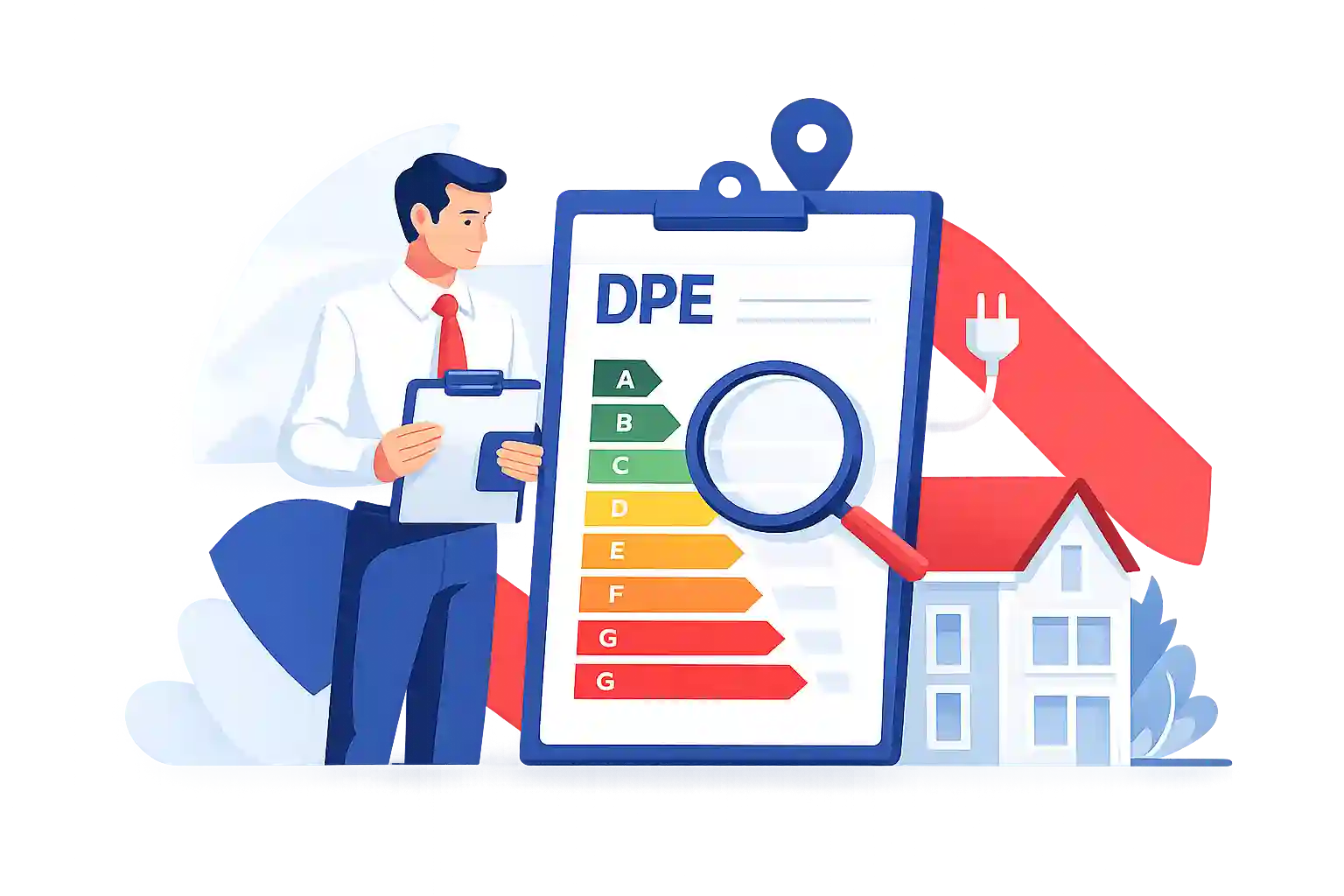 Illustration d’un diagnostic de performance énergétique (DPE) avec un expert analysant un bien immobilier en France