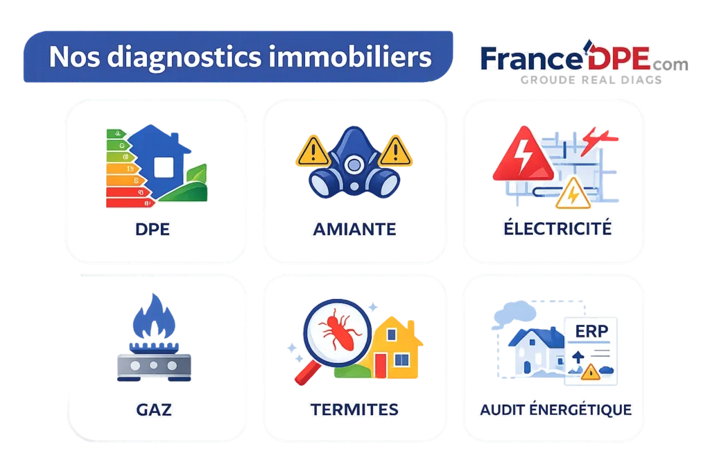 Nos diagnostics immobiliers France DPE : DPE, amiante, électricité, gaz, termites et ERP en France